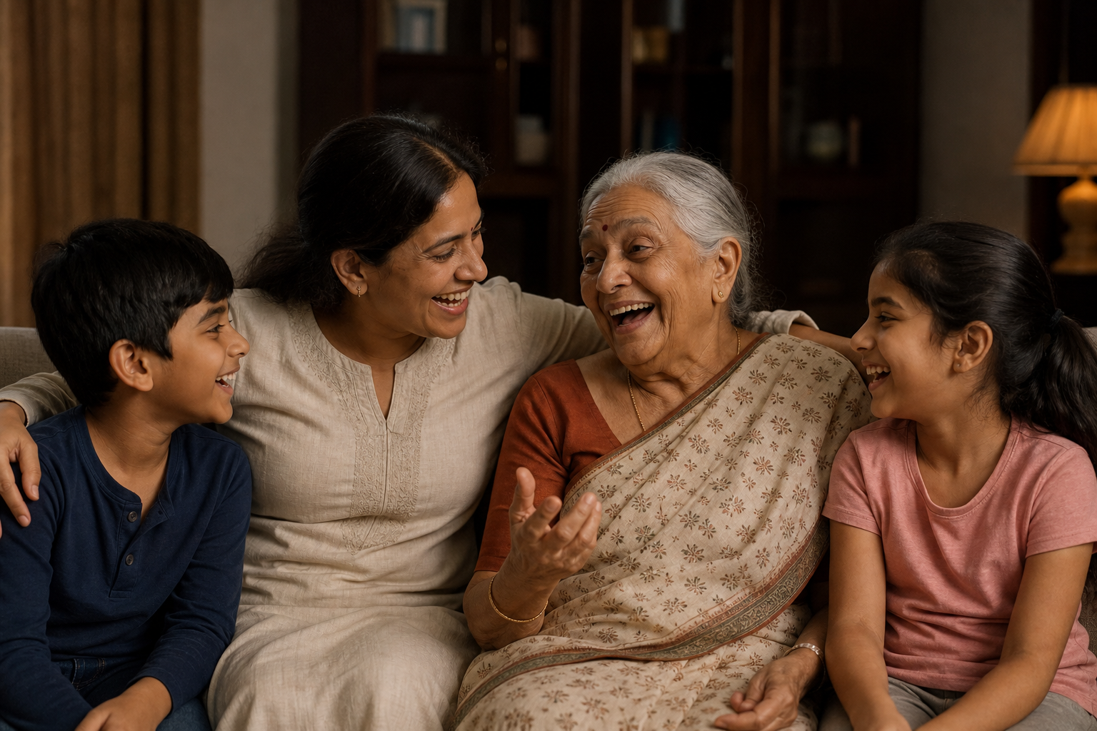 Grandmother sharing a story with her daughter and grandchildren