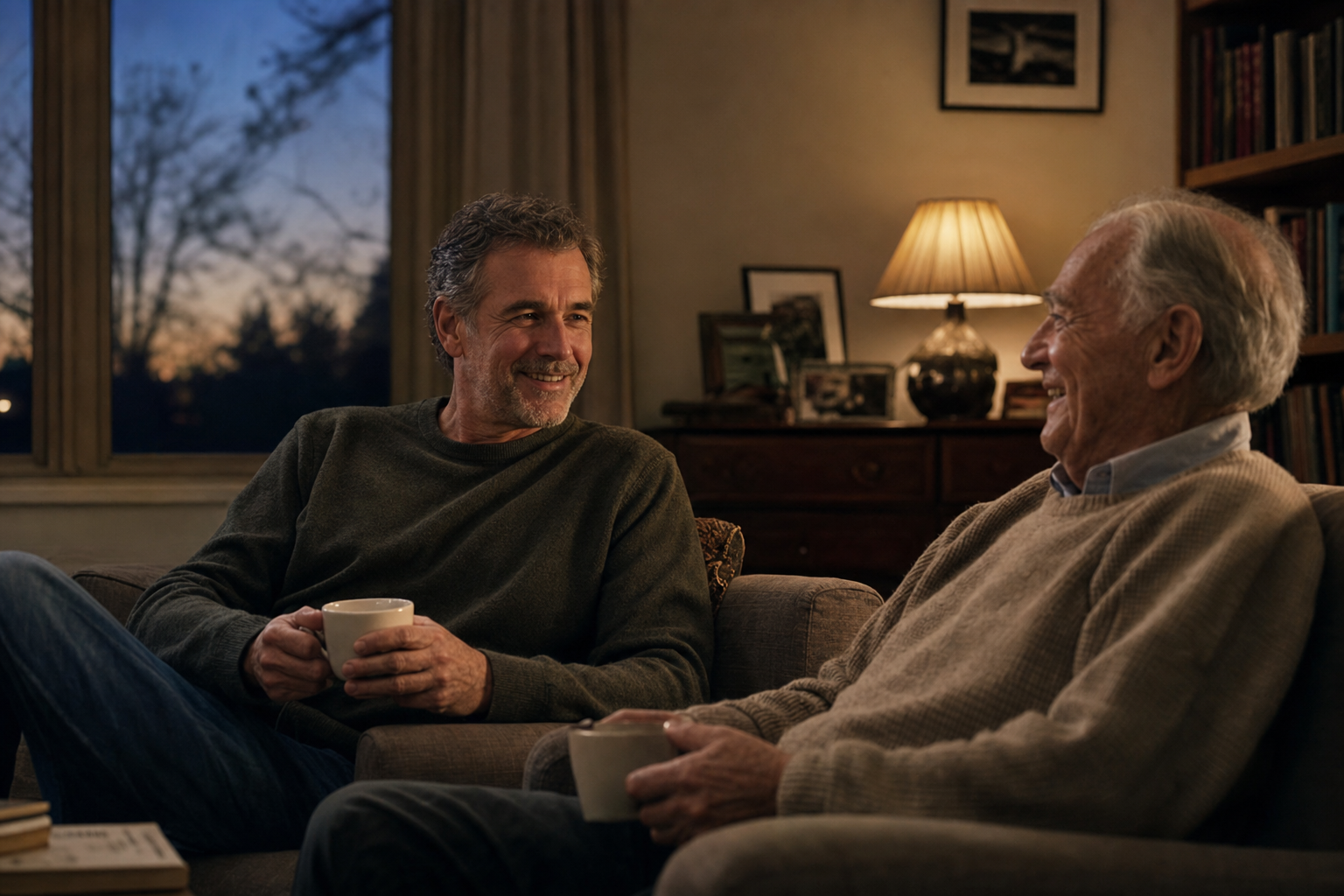 Adult son and father enjoying a quiet evening conversation
