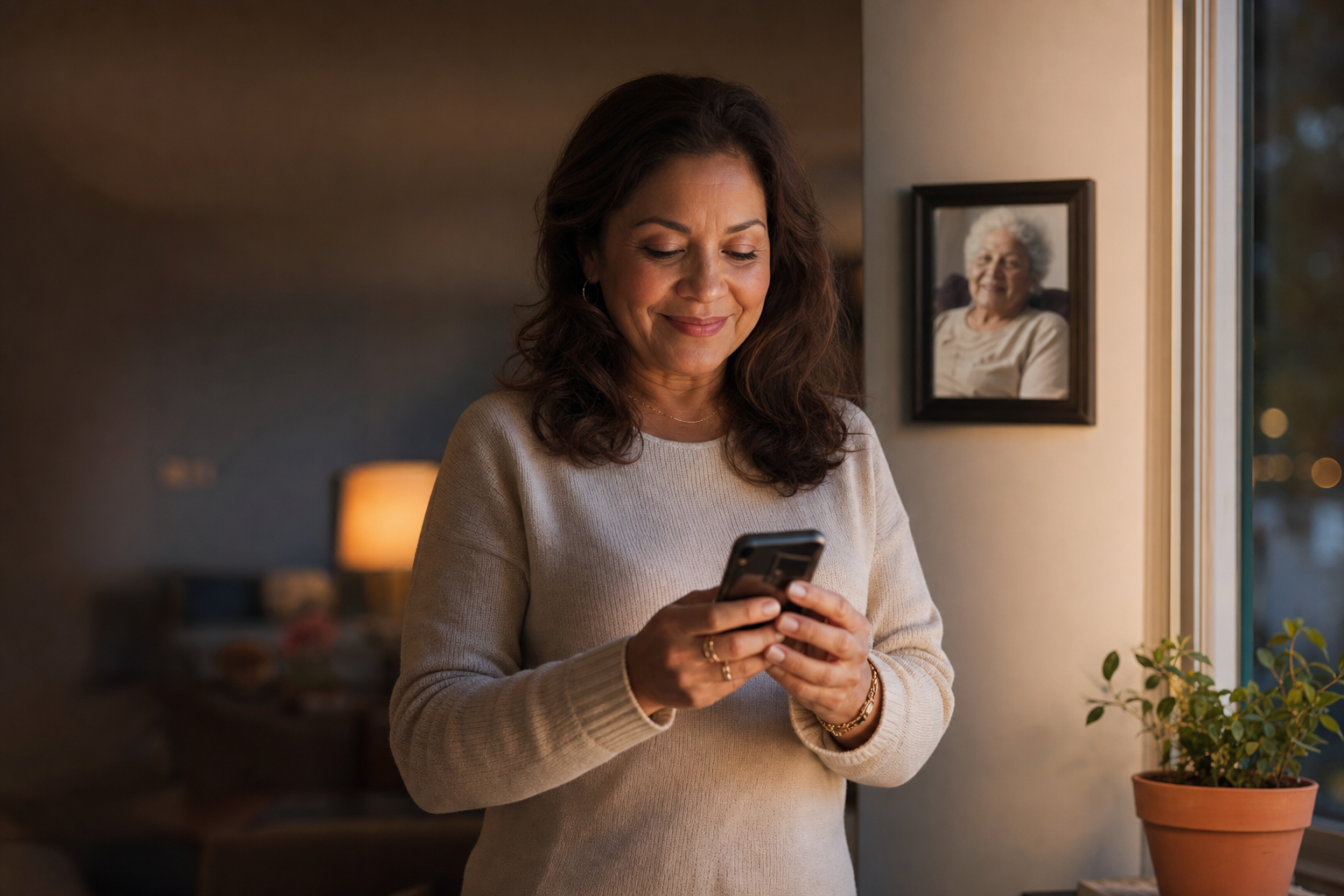 Adult daughter receiving a warm update about her mother