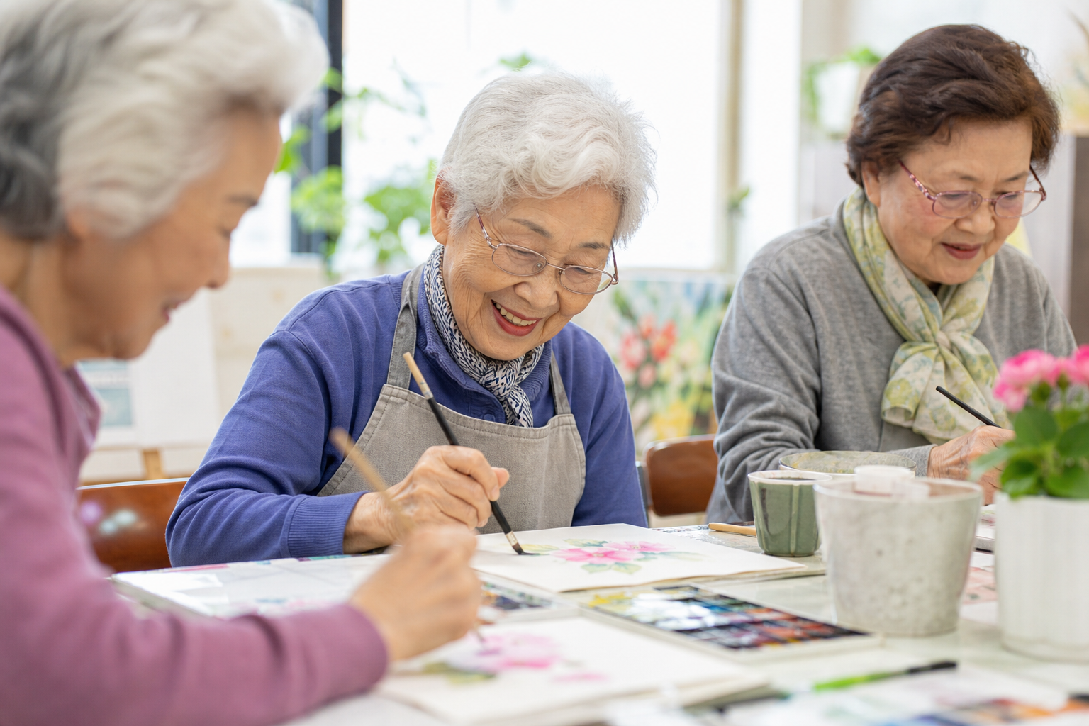 Older woman enjoying a watercolor class with friends