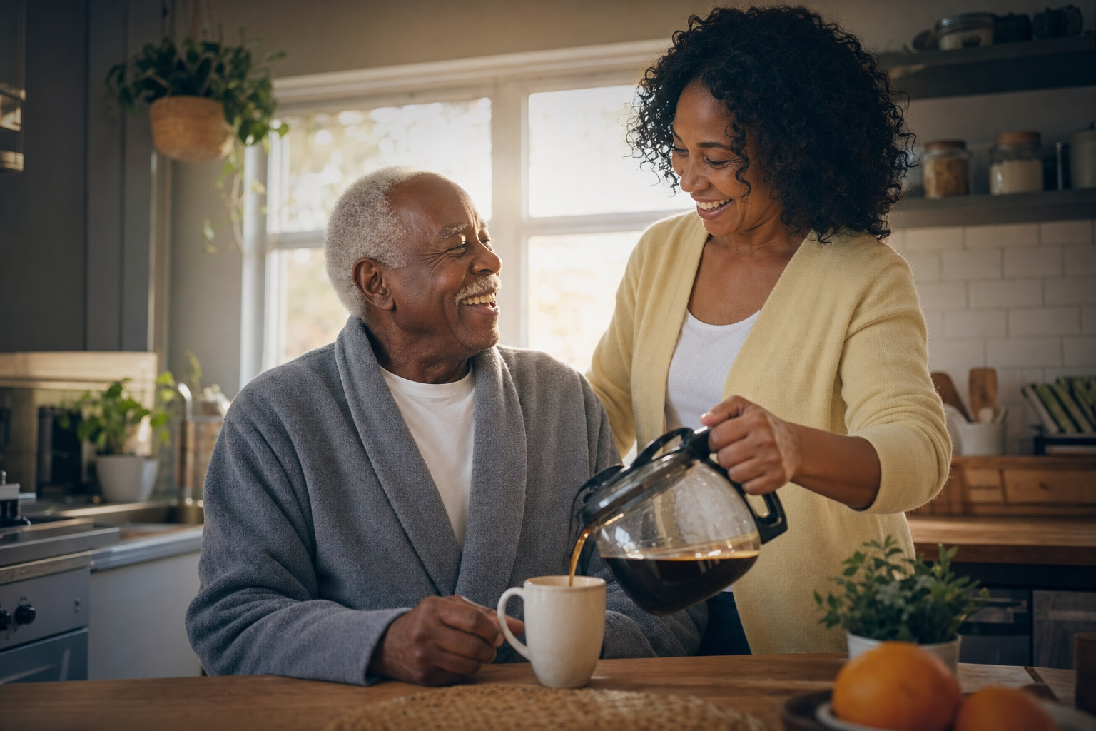 Adult daughter sharing a morning coffee with her father