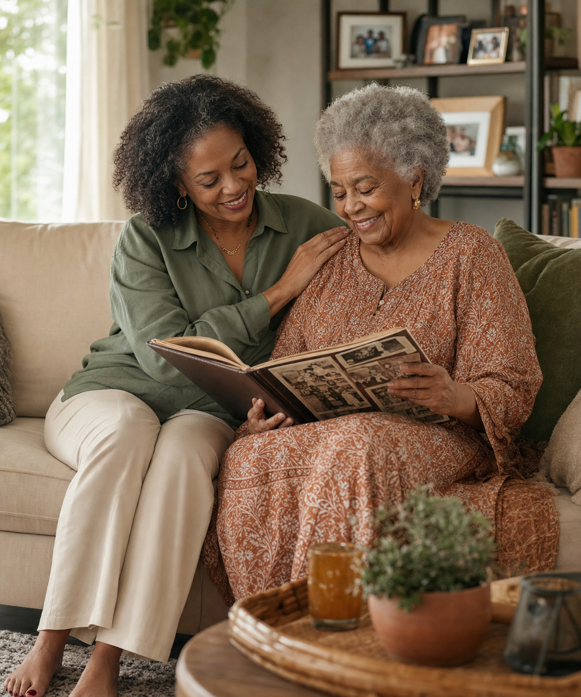 Adult daughter and her mother sharing a family photo album