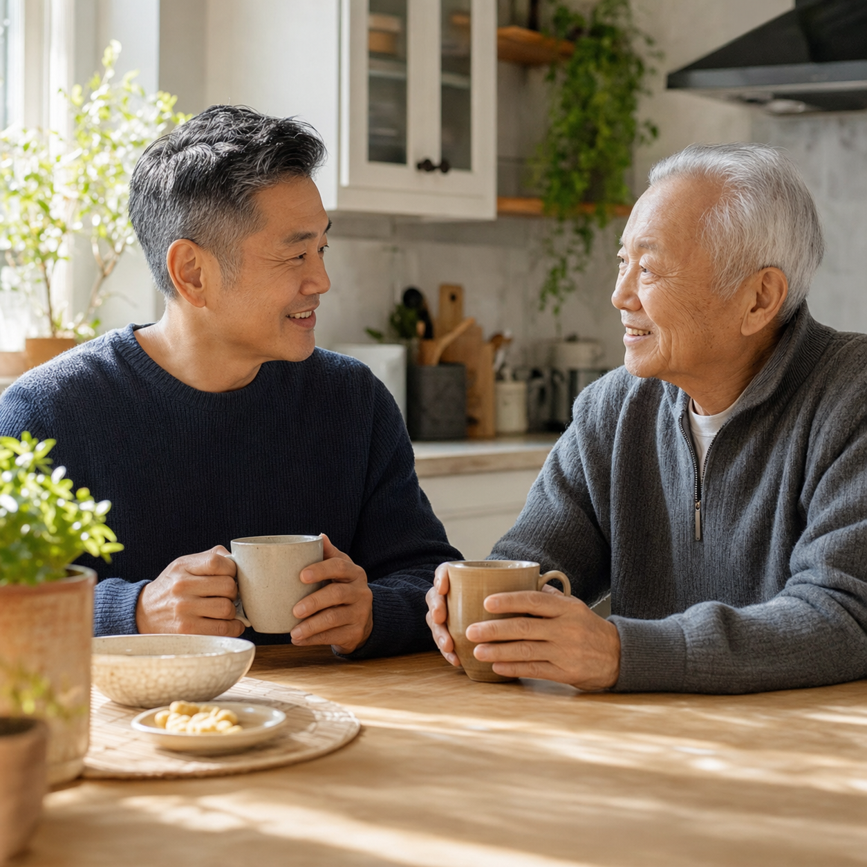 Adult son sharing morning coffee with his father