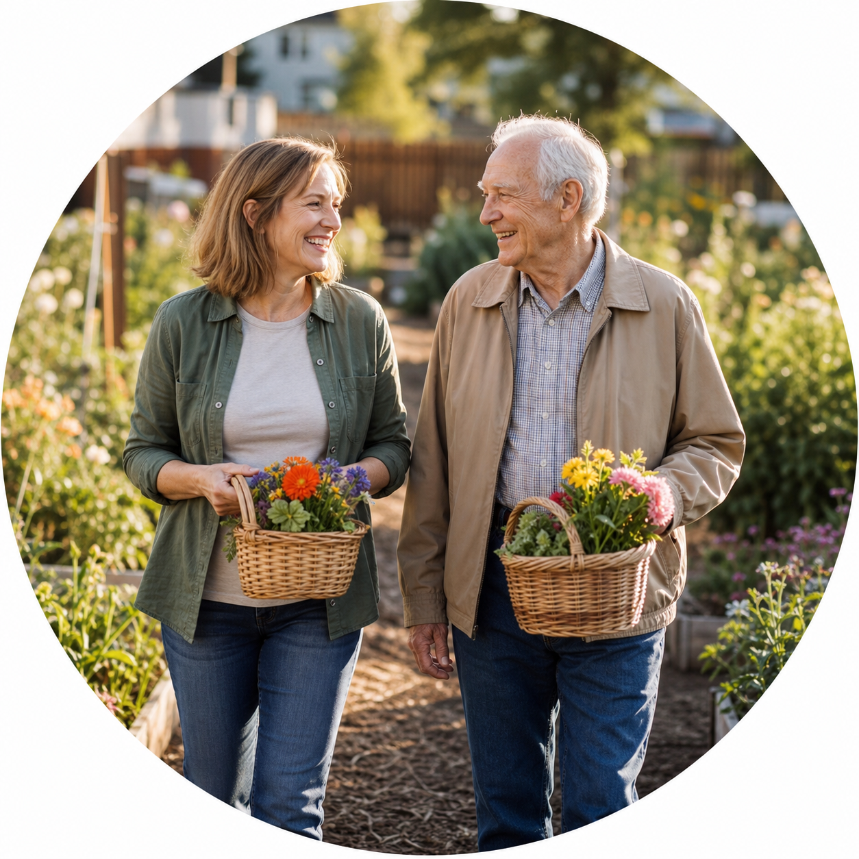 Adult daughter walking with her father through a community garden