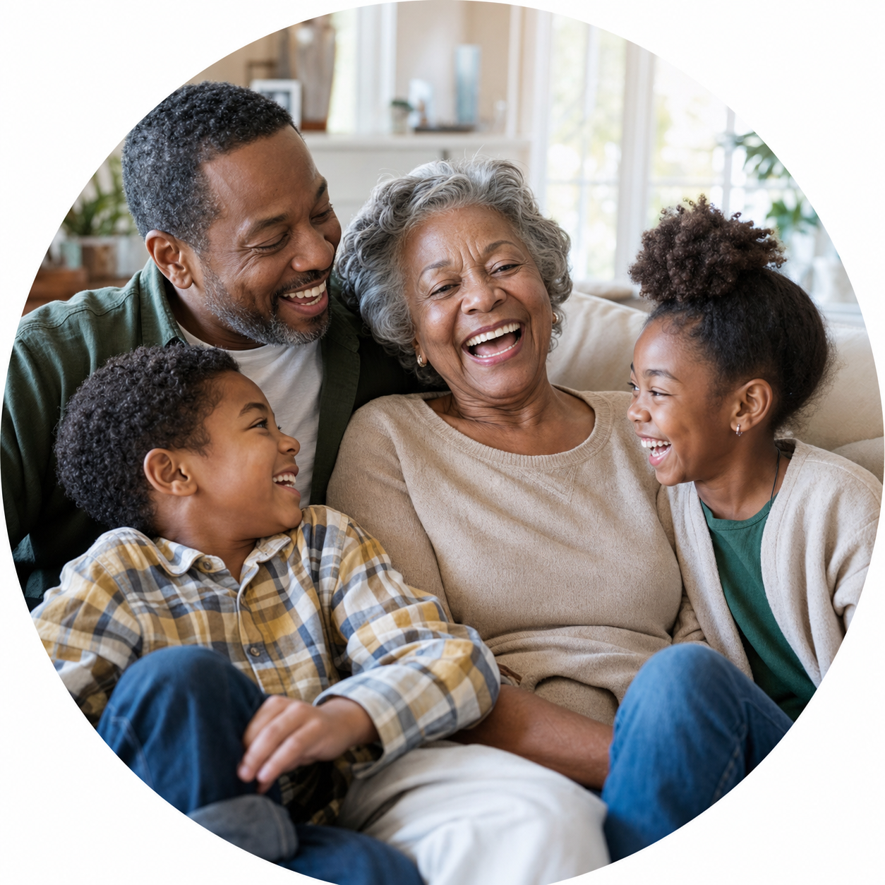 Grandmother laughing with her son and grandchildren
