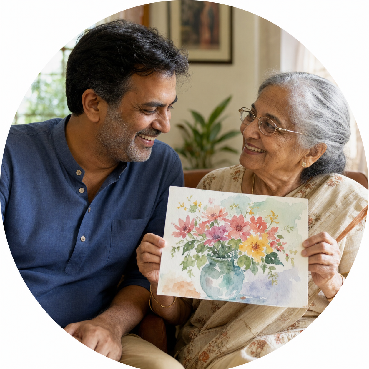 Mother proudly sharing her watercolor painting with her son