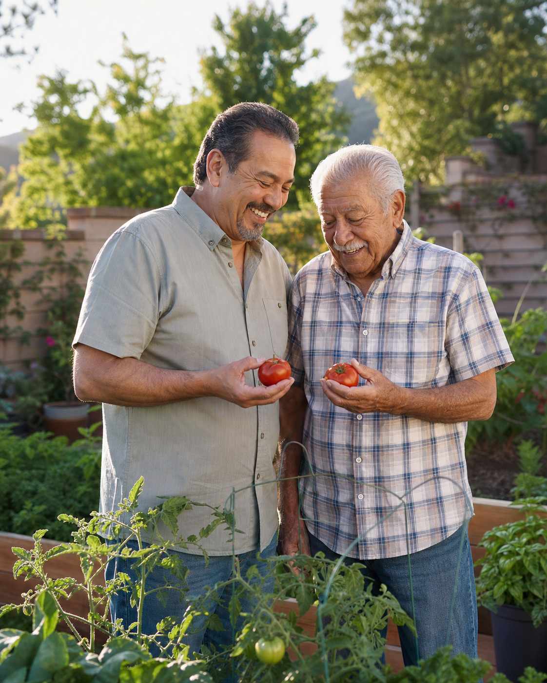 Adult son and father enjoying their garden together