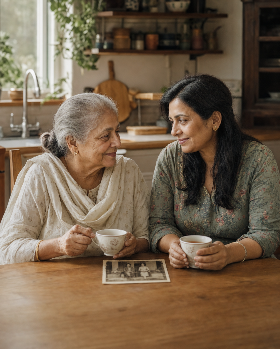 Adult daughter sharing tea and a family photo with her mother