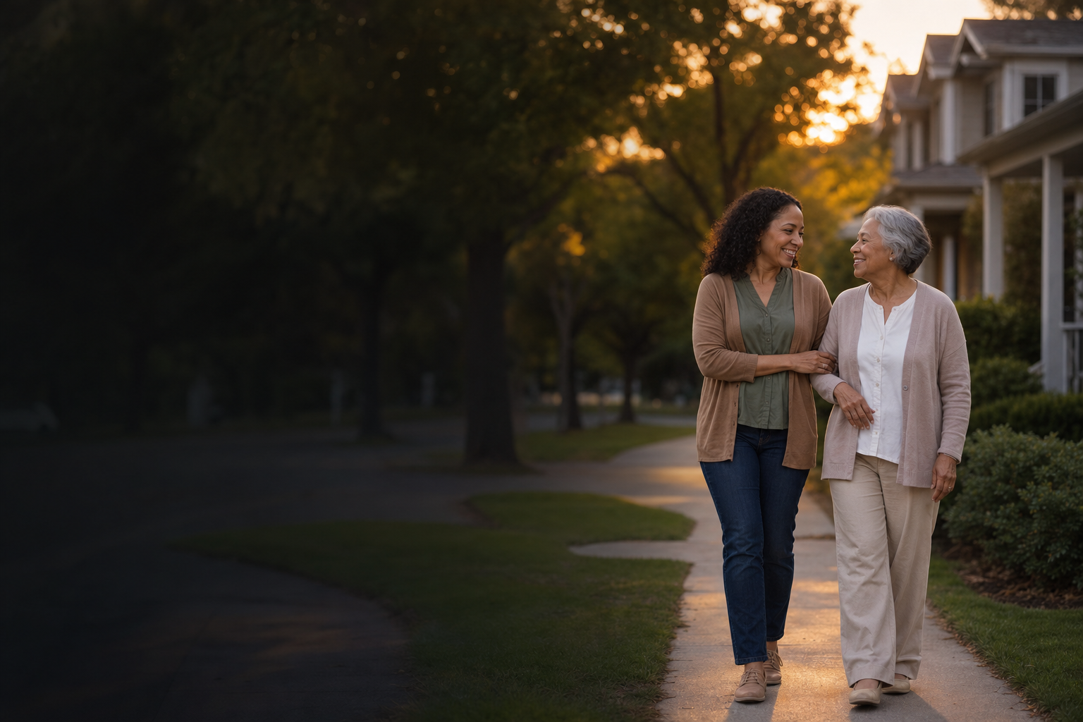 Adult daughter walking with her mother at sunset